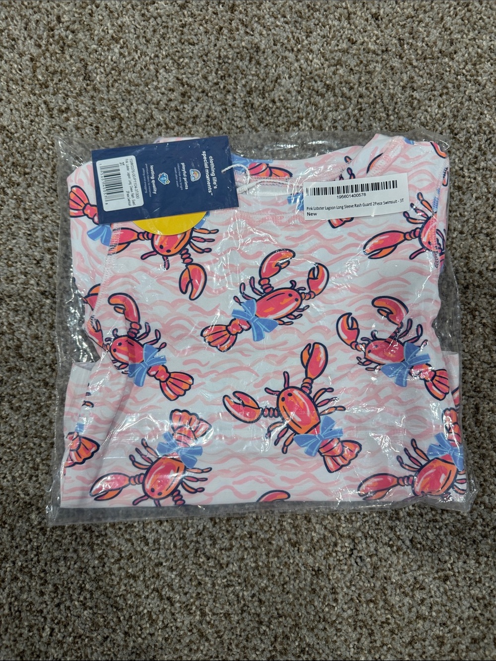 Ruffle Butts Pink Lobster Print Kids Swim Rashguard